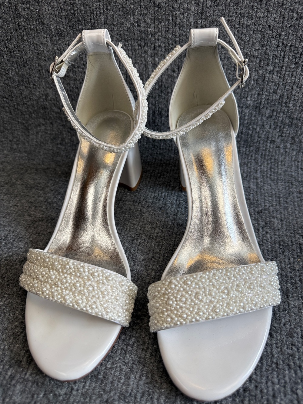 Wedding Pearl-Embellished White Block Heel Ankle-Strap Sandals Size EU37 US 8